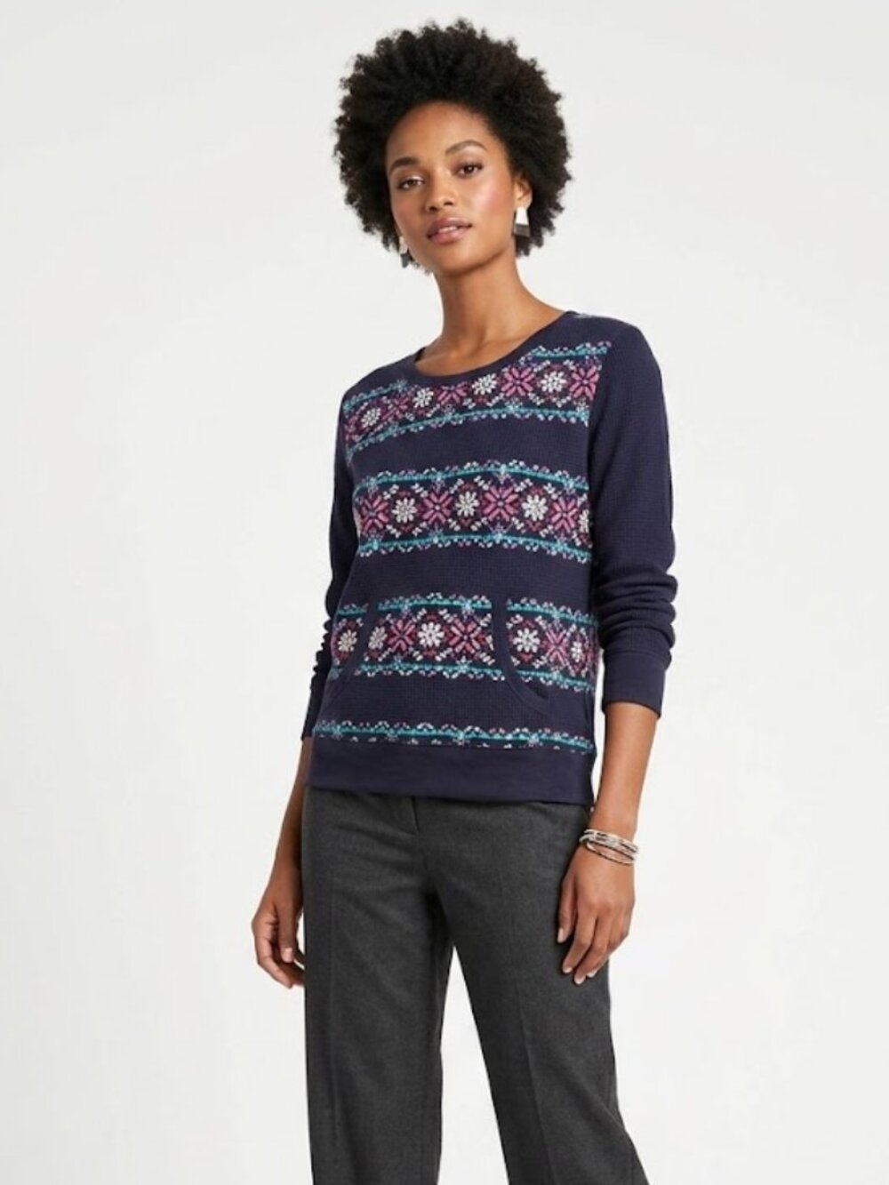Jane & Bleeker Women’s Pullover Waffle Sweater Blue Pink Snowflake · Size XL